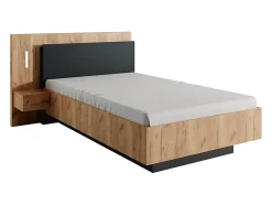 Lit avec chevets 120 x 200 cm - 2 tiroirs - Avec LEDs - Coloris : Naturel et anthracite + Sommier - FRANCOLI