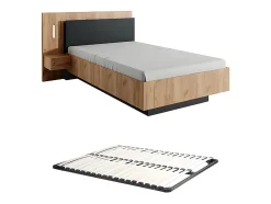 Lit avec chevets 120 x 200 cm - 2 tiroirs - Avec LEDs - Coloris : Naturel et anthracite + Sommier - FRANCOLI