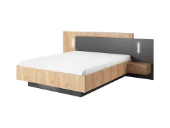 Lit avec chevets 160 x 200 cm - 2 tiroirs - Avec LEDs - Coloris : Naturel et anthracite + Sommier - FRANCOLI