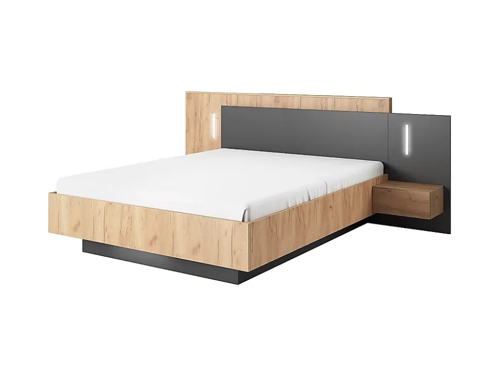 Lit avec chevets 160 x 200 cm - 2 tiroirs - Avec LEDs - Coloris : Naturel et anthracite + Sommier - FRANCOLI