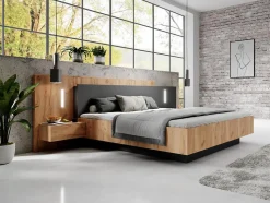 Lit avec chevets 160 x 200 cm - 2 tiroirs - Avec LEDs - Coloris : Naturel et anthracite + Sommier - FRANCOLI