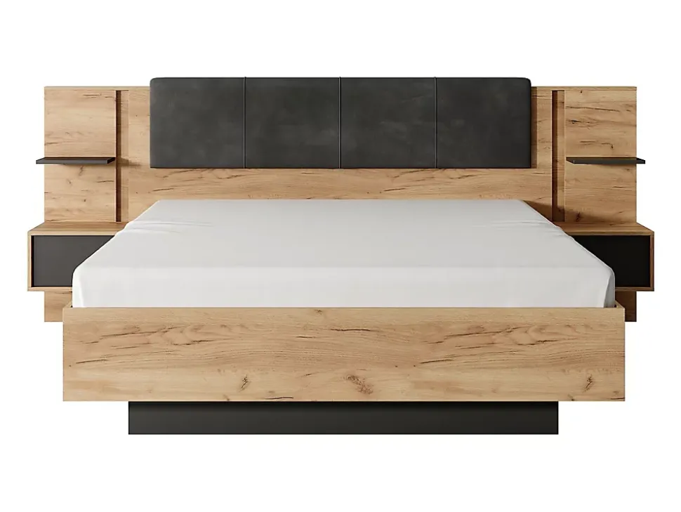 Lit avec chevets 160 x 200 cm - Avec LEDs - Coloris : Naturel et anthracite - ELYNIA