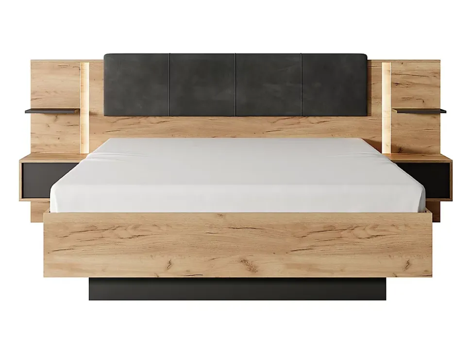 Lit avec chevets 160 x 200 cm - Avec LEDs - Coloris : Naturel et anthracite - ELYNIA