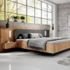 Lit avec chevets 160 x 200 cm - 2 tiroirs - Avec LEDs - Coloris : Naturel et anthracite + Sommier + Matelas - FRANCOLI