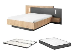 Lit avec chevets 160 x 200 cm - 2 tiroirs - Avec LEDs - Coloris : Naturel et anthracite + Sommier + Matelas - FRANCOLI