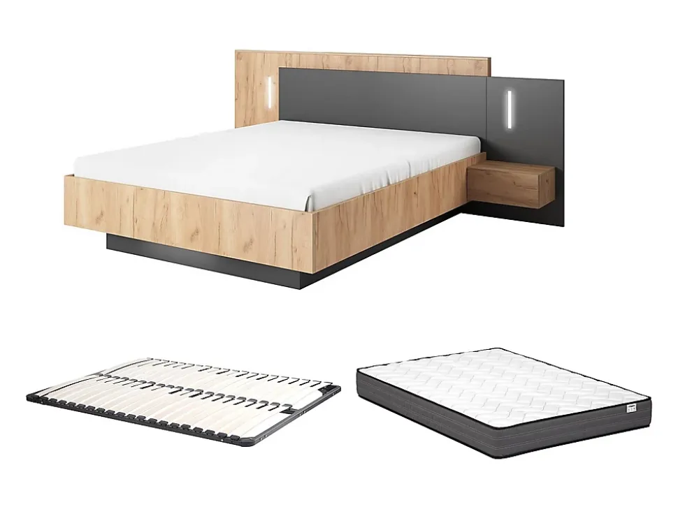 Lit avec chevets 160 x 200 cm - 2 tiroirs - Avec LEDs - Coloris : Naturel et anthracite + Sommier + Matelas - FRANCOLI