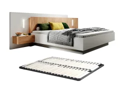 Lit avec chevets 160 x 200 cm - 2 tiroirs - Avec LEDs - Coloris : Blanc et naturel + Sommier - FRANCOLI