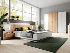 Lit avec chevets 160 x 200 cm - 2 tiroirs - Avec LEDs - Coloris : Blanc et naturel + Sommier - FRANCOLI