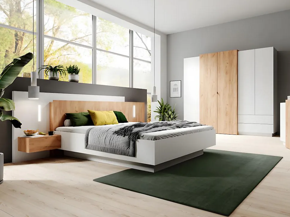 Lit avec chevets 160 x 200 cm - 2 tiroirs - Avec LEDs - Coloris : Blanc et naturel + Sommier - FRANCOLI