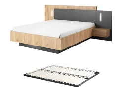 Lit avec chevets 140 x 190 cm - 2 tiroirs - Avec LEDs - Coloris : Naturel et anthracite + Sommier - FRANCOLI