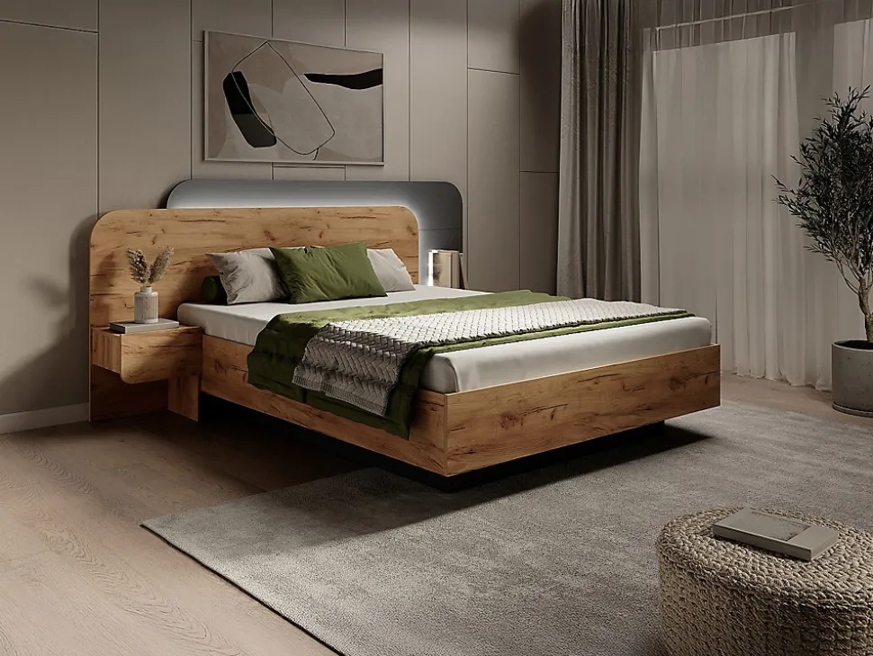 Lit avec chevets 160 x 200 cm - Avec LEDs - Coloris : Naturel et anthracite - DESADO