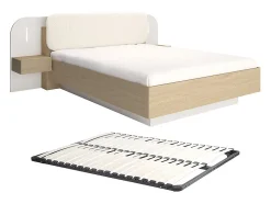 Lit avec chevets 160 x 200 cm - Avec LEDs - Coloris : Beige et naturel + Sommier - LYORIMA