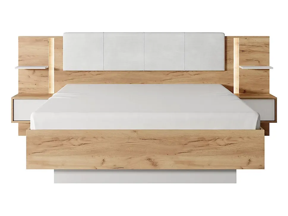 Lit avec chevets 160 x 200 cm - Avec LEDs - Coloris : Naturel et blanc - ELYNIA
