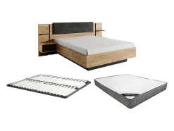 Lit avec chevets 160 x 200 cm - Avec LEDs - Coloris : Naturel et anthracite + Sommier + Matelas - ELYNIA