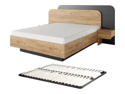 Lit avec chevets 160 x 200 cm - Avec LEDs - Coloris : Naturel et anthracite + Sommier - DESADO