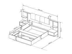 Lit avec chevets 140 x 190 cm - Avec LEDs - Coloris : Naturel et anthracite + Sommier + Matelas - ELYNIA