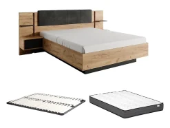 Lit avec chevets 140 x 190 cm - Avec LEDs - Coloris : Naturel et anthracite + Sommier + Matelas - ELYNIA