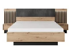 Lit avec chevets 160 x 200 cm - Avec LEDs - Coloris : Naturel et noir - ARIADA