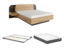 Lit avec chevets 160 x 200 cm - Avec LEDs - Coloris : Naturel et noir + Sommier + Matelas - JUVISIA