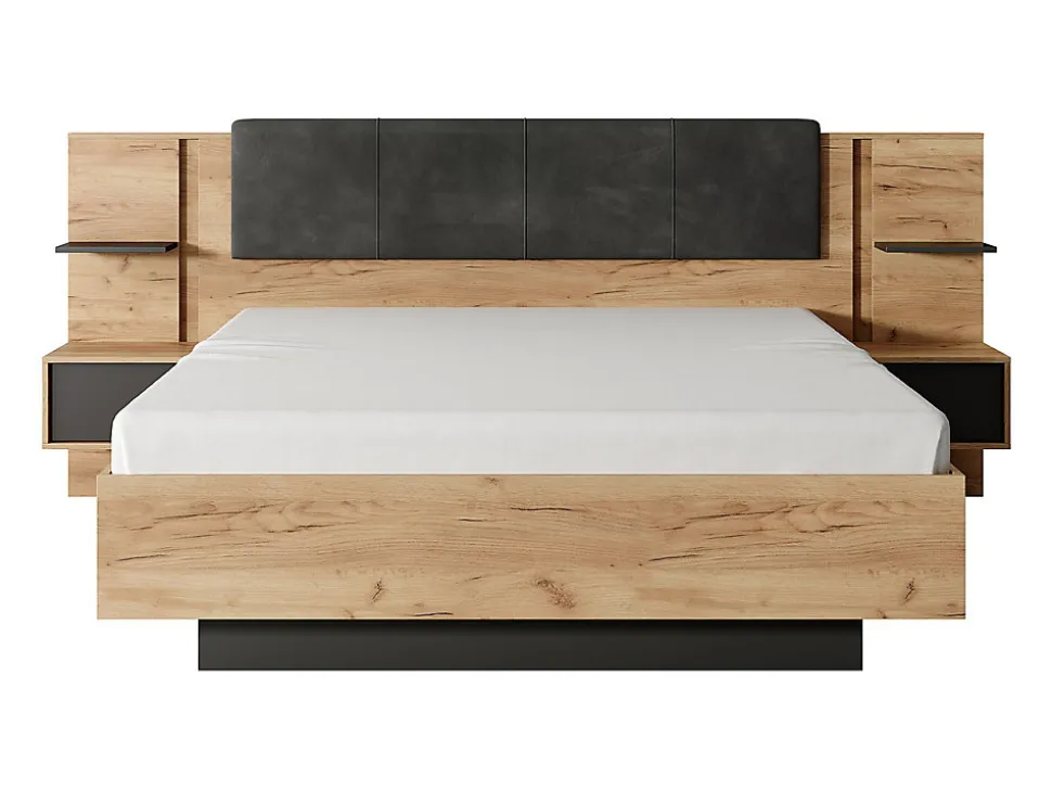 Lit avec chevets 140 x 190 cm - Avec LEDs - Coloris : Naturel et anthracite - ELYNIA
