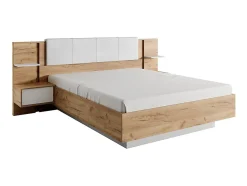 Lit avec chevets 160 x 200 cm - Avec LEDs - Coloris : Naturel et blanc + Sommier - ELYNIA