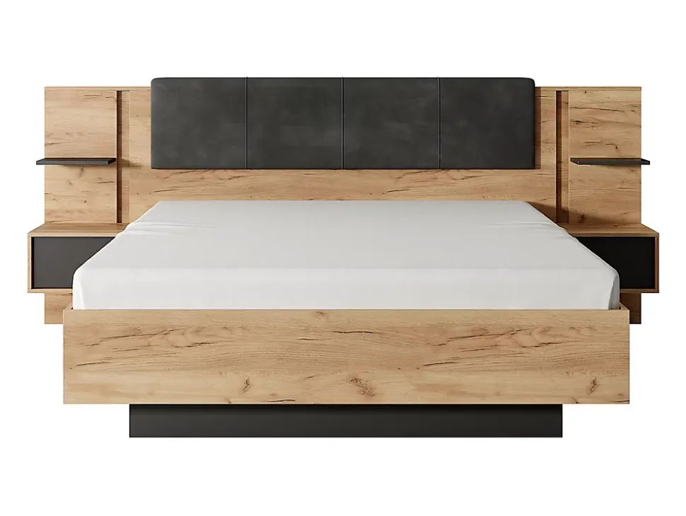 Lit avec chevets 140 x 190 cm - Avec LEDs - Coloris : Naturel et anthracite + Sommier - ELYNIA