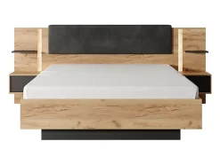 Lit avec chevets 140 x 190 cm - Avec LEDs - Coloris : Naturel et anthracite + Sommier - ELYNIA