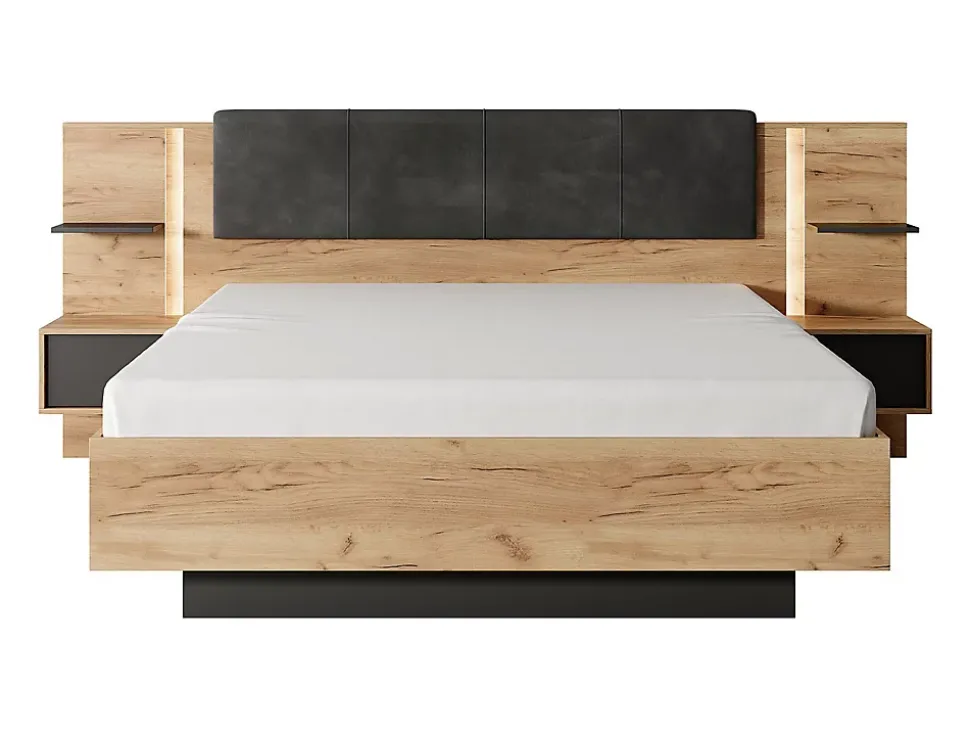 Lit avec chevets 140 x 190 cm - Avec LEDs - Coloris : Naturel et anthracite + Sommier - ELYNIA