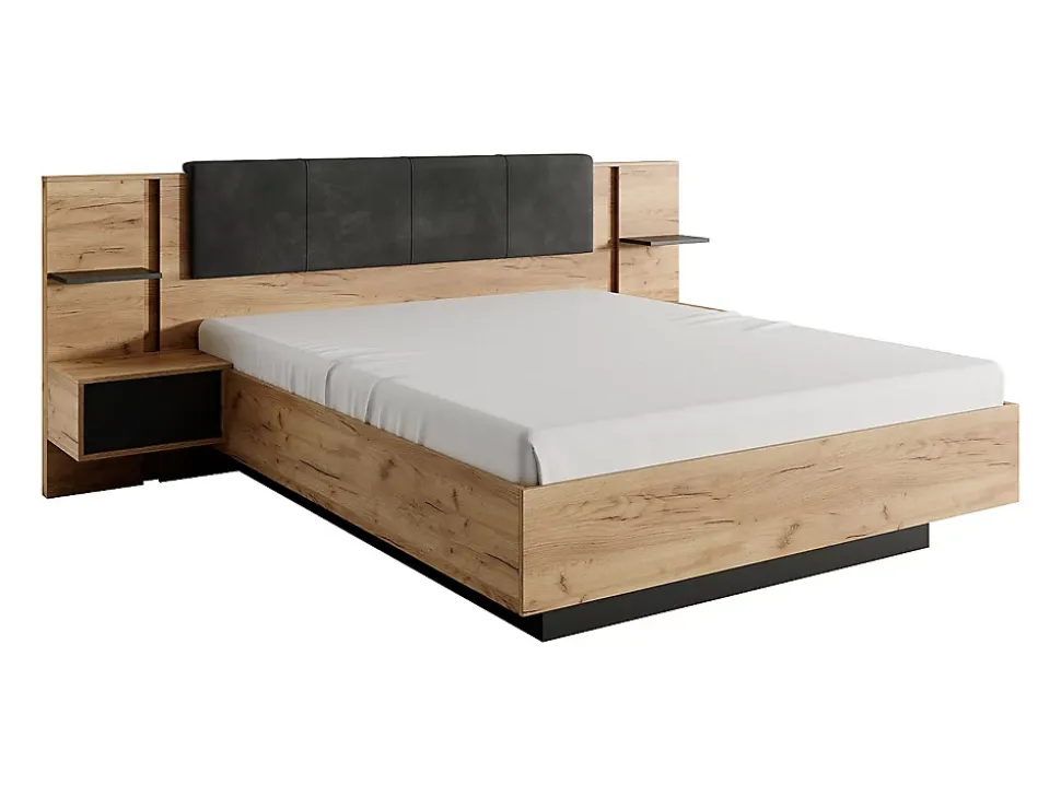 Lit avec chevets 140 x 190 cm - Avec LEDs - Coloris : Naturel et anthracite + Sommier - ELYNIA
