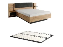 Lit avec chevets 140 x 190 cm - Avec LEDs - Coloris : Naturel et anthracite + Sommier - ELYNIA