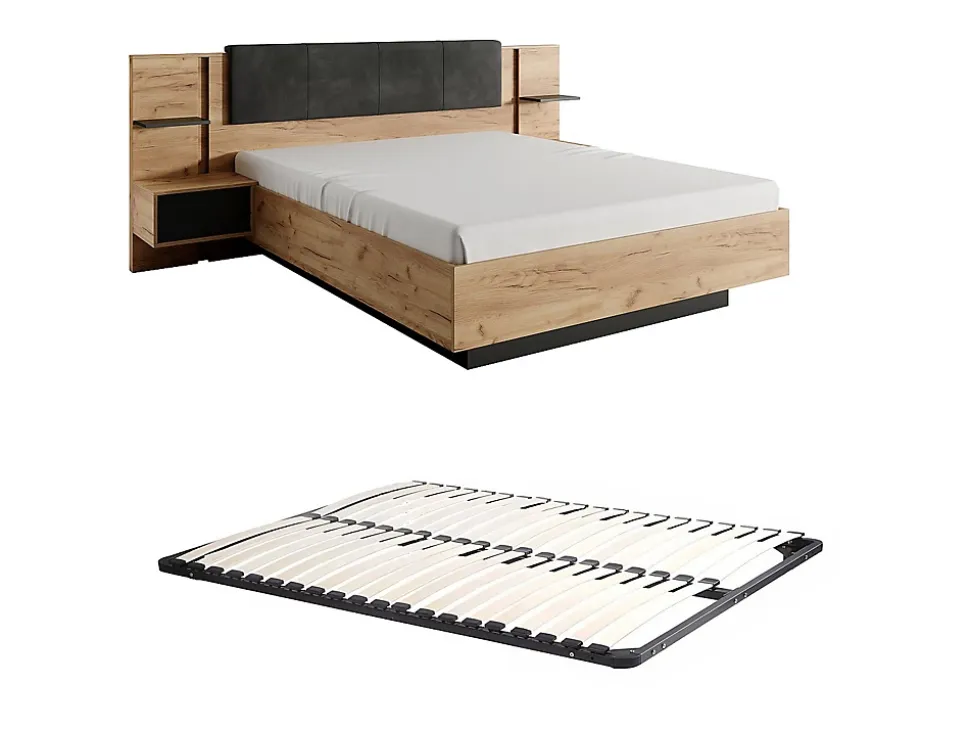Lit avec chevets 140 x 190 cm - Avec LEDs - Coloris : Naturel et anthracite + Sommier - ELYNIA