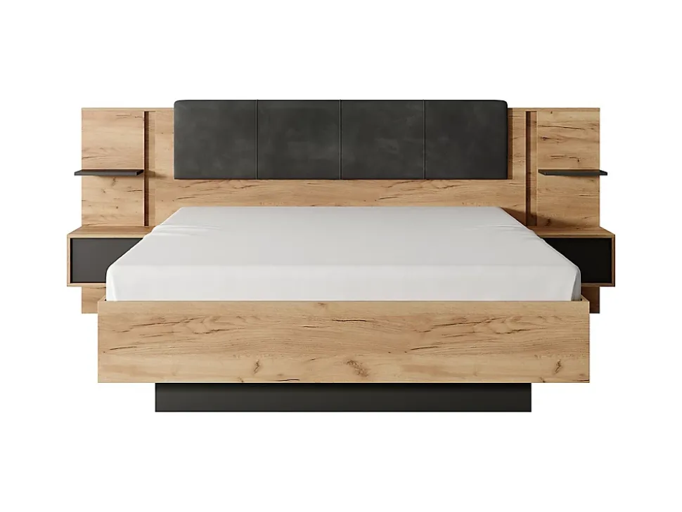 Lit avec chevets 160 x 200 cm - Avec LEDs - Coloris : Naturel et anthracite + Sommier + Matelas - ELYNIA