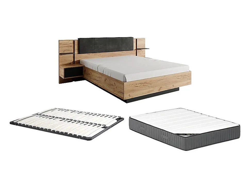 Lit avec chevets 160 x 200 cm - Avec LEDs - Coloris : Naturel et anthracite + Sommier + Matelas - ELYNIA