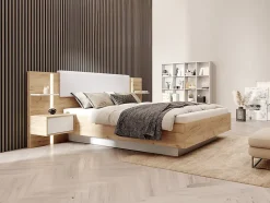 Lit avec chevets 160 x 200 cm - Avec LEDs - Coloris : Naturel et blanc + Sommier + Matelas - ELYNIA