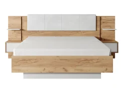 Lit avec chevets 160 x 200 cm - Avec LEDs - Coloris : Naturel et blanc + Sommier + Matelas - ELYNIA