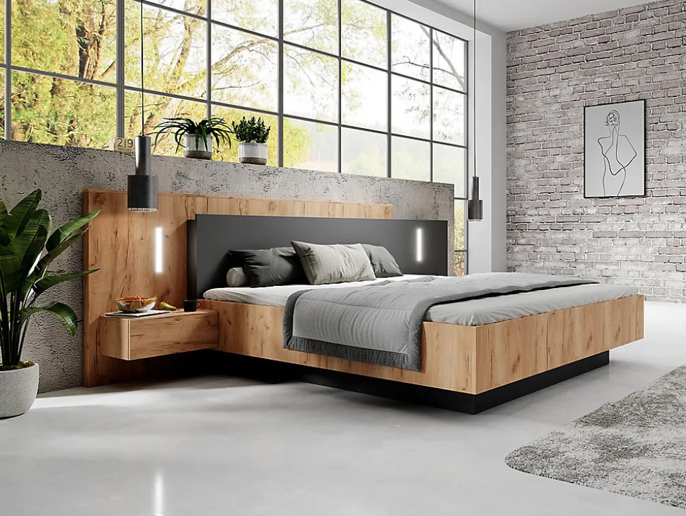 Lit avec chevets 140 x 190 cm - 2 tiroirs - Avec LEDs - Coloris : Naturel et anthracite + Sommier + Matelas - FRANCOLI