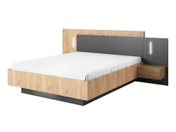 Lit avec chevets 140 x 190 cm - 2 tiroirs - Avec LEDs - Coloris : Naturel et anthracite + Sommier + Matelas - FRANCOLI