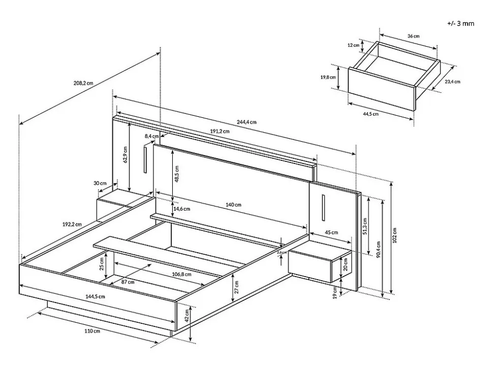 Lit avec chevets 140 x 190 cm - 2 tiroirs - Avec LEDs - Coloris : Naturel et anthracite + Sommier + Matelas - FRANCOLI