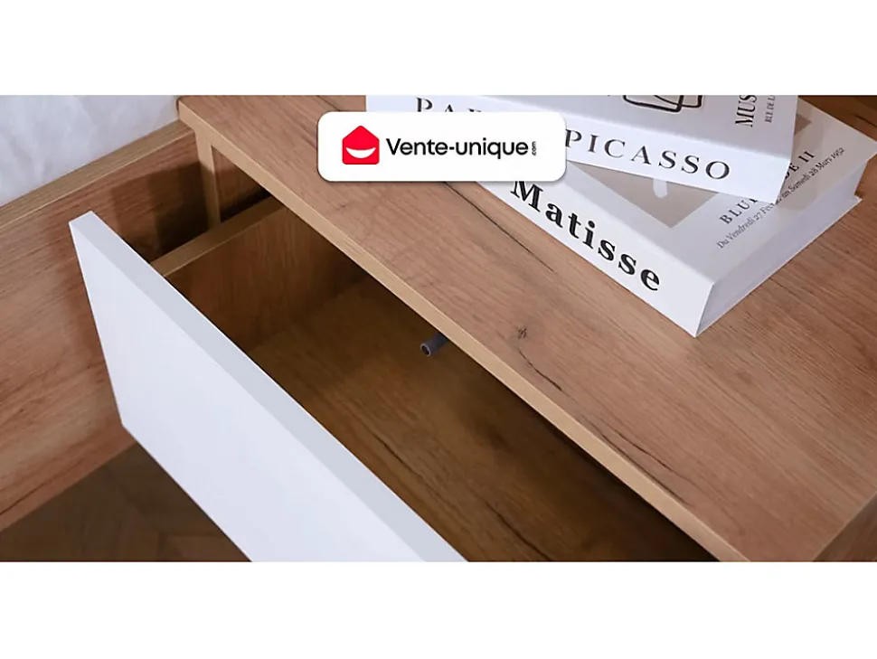 Lit avec chevets 140 x 190 cm - 2 tiroirs - Avec LEDs - Coloris : Naturel et anthracite + Sommier + Matelas - FRANCOLI