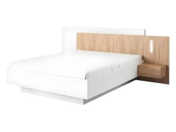 Lit avec chevets 160 x 200 cm - 2 tiroirs - Avec LEDs - Coloris : Blanc et naturel - FRANCOLI