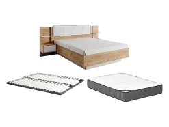 Lit avec chevets 160 x 200 cm - Avec LEDs - Coloris : Naturel et blanc + Sommier + Matelas - ELYNIA
