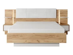 Lit avec chevets 160 x 200 cm - Avec LEDs - Coloris : Naturel et blanc + Sommier + Matelas - ELYNIA
