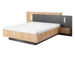 Lit avec chevets 140 x 190 cm - 2 tiroirs - Avec LEDs - Coloris : Naturel et anthracite + Sommier + Matelas - FRANCOLI