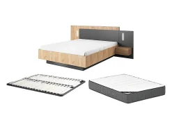 Lit avec chevets 140 x 190 cm - 2 tiroirs - Avec LEDs - Coloris : Naturel et anthracite + Sommier + Matelas - FRANCOLI