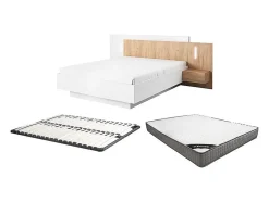 Lit avec chevets 160 x 200 cm - 2 tiroirs - Avec LEDs - Blanc et naturel + Sommier + Matelas - FRANCOLI