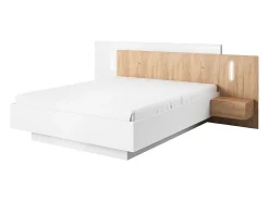 Lit avec chevets 160 x 200 cm - 2 tiroirs - Avec LEDs - Blanc et naturel + Sommier + Matelas - FRANCOLI
