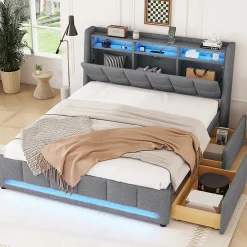 Lit avec rangement 140 x 200 cm - Lit Double avec 2 Tiroirs et Prise USB - Lin - Sans Matelas - Gris