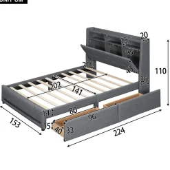 Lit avec rangement 140 x 200 cm - Lit Double avec 2 Tiroirs et Prise USB - Lin - Sans Matelas - Gris