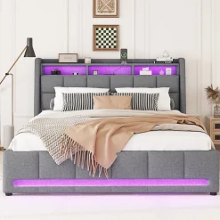 Lit avec rangement 140 x 200 cm - Lit Double avec 2 Tiroirs et Prise USB - Lin - Sans Matelas - Gris