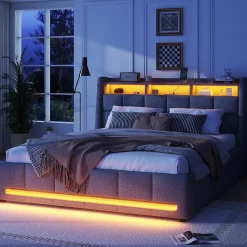 Lit avec rangement 140 x 200 cm - Lit Double avec 2 Tiroirs et Prise USB - Lin - Sans Matelas - Gris